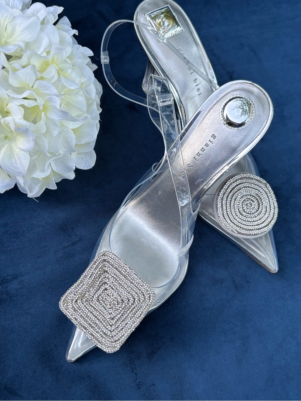 Crystal-Embellished Silver Slingback Heels - Women's size 8 - Picture 2 of 15